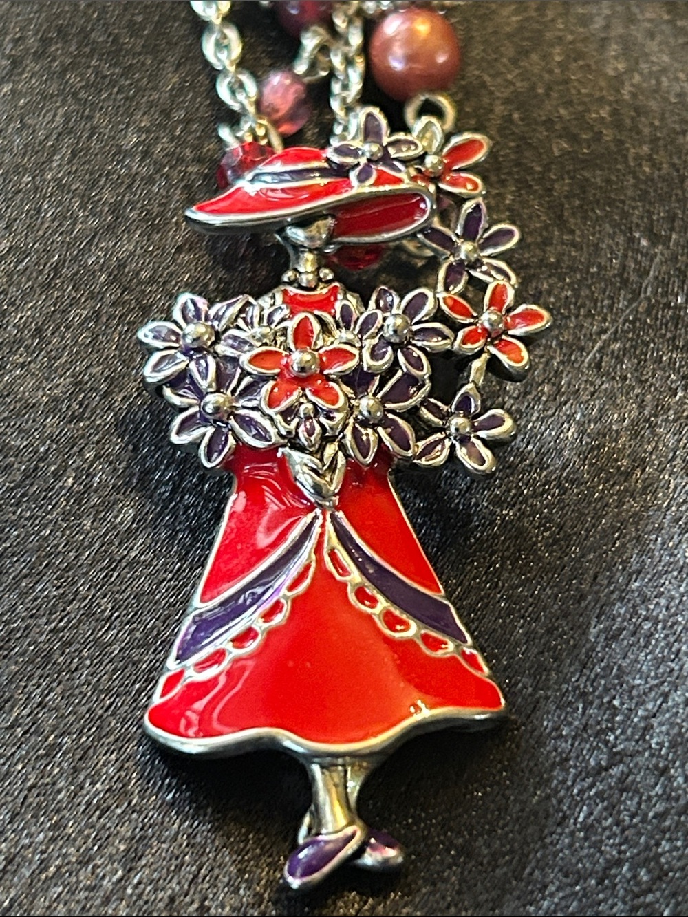 “Red Hat Lady” 18"-20" Necklace Silver Toned Two Strands with red/purple beads